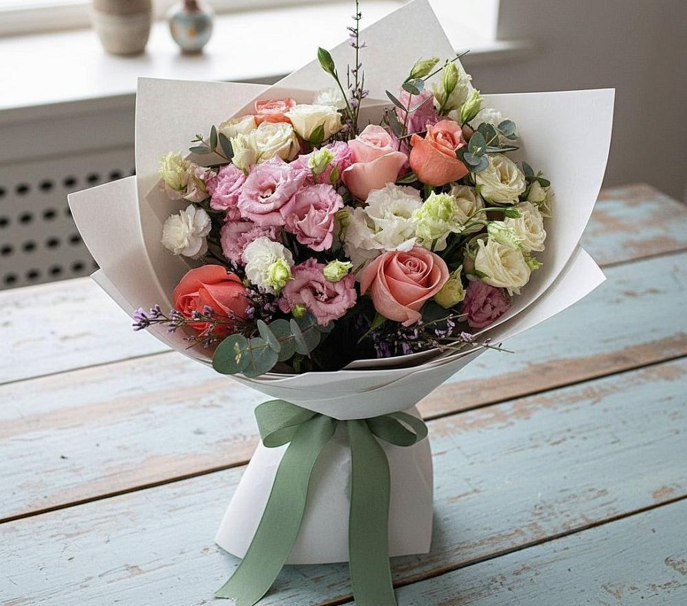 Букет цветов из: Розы, Лизиантусы и Гвоздики в Козловке Воронежской области