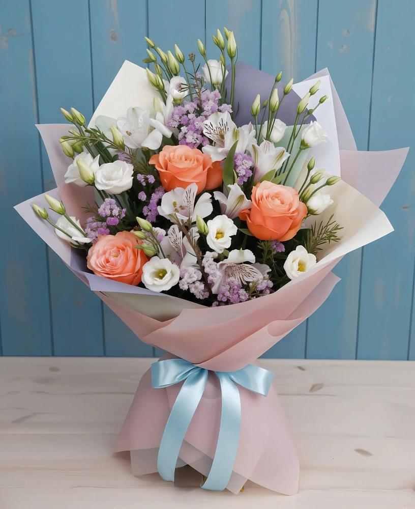 Букет цветов из: Лизиантусы, Розы, Альстромерии и Гипсофила в Козловке Воронежской области