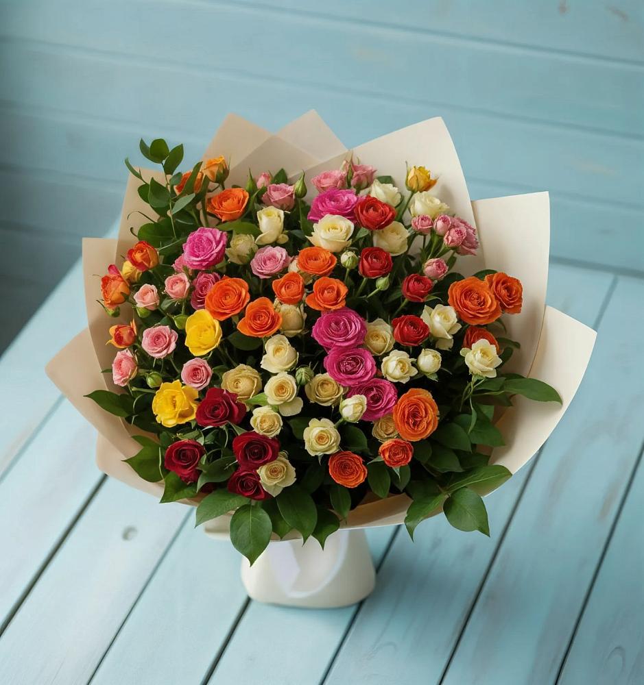 Букет Микс из разноцветных кустовых роз в Козловке Воронежской области
