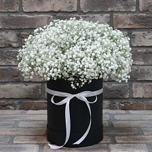 Цветочная композиция из Гипсофила в шляпной коробке в Козловке Воронежской области
